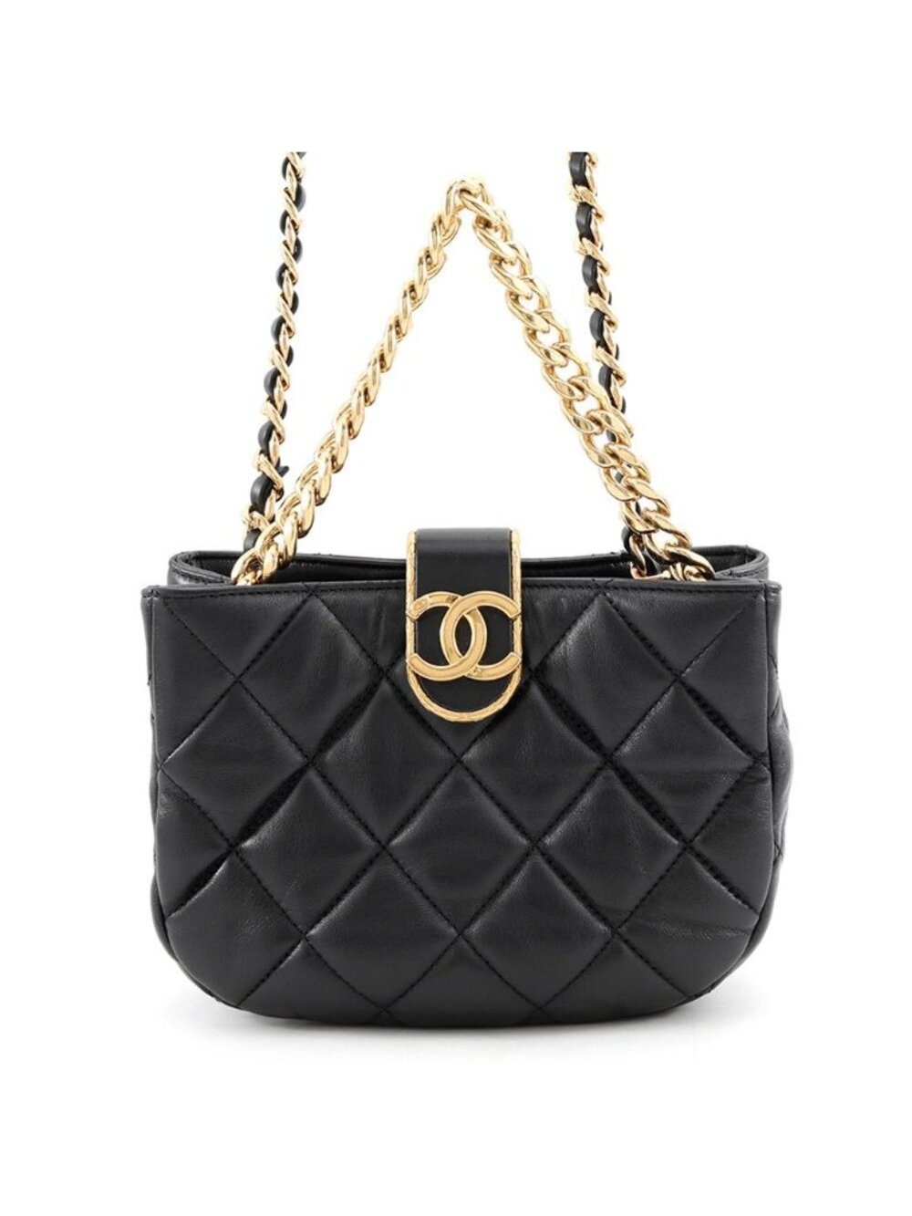 Chanel Chain Shoulder Bag Quilted CC Logo Lambskin 2-Way Black